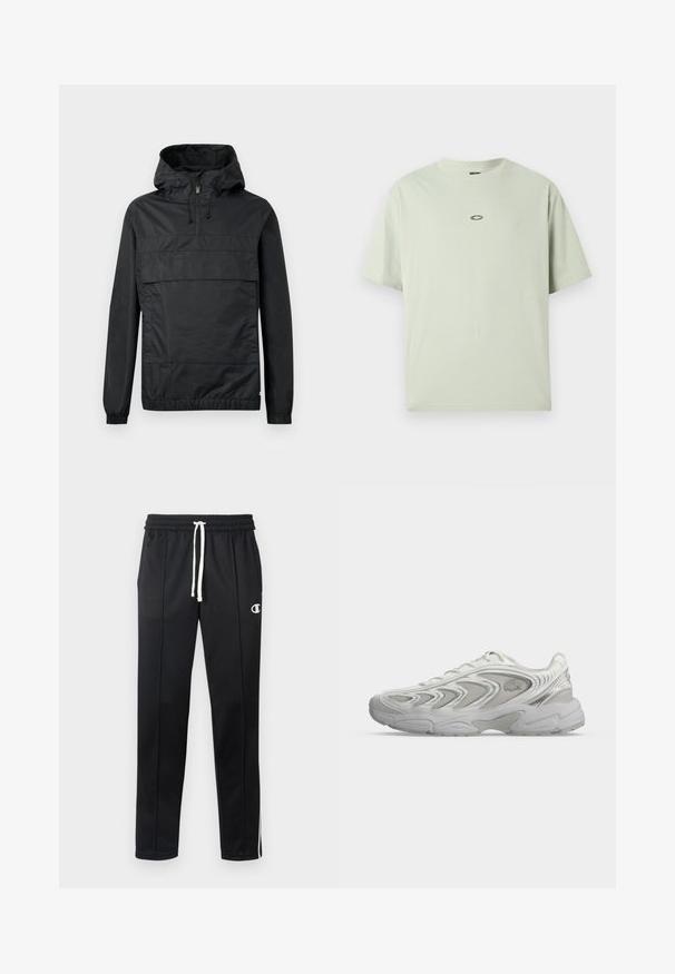 Sort pullover-jakke med hætte, elastiske manchetter, en frontlomme og halv-lynlås. Lavet af letvægts, vandafvisende materiale.; Lys grøn kortærmet t-shirt lavet af blødt stof med rund hals og et lille rundt logo i midten. Minimalistisk design.; Sorte atletiske bukser med hvid snor, sidelister, frontlommer og et lille hvidt Champion-logo på venstre lår.; Hvid atletisk sneaker med bølgemønstre, meshpaneler og tyk polstret sål, vist fra siden på en ensfarvet lys baggrund.