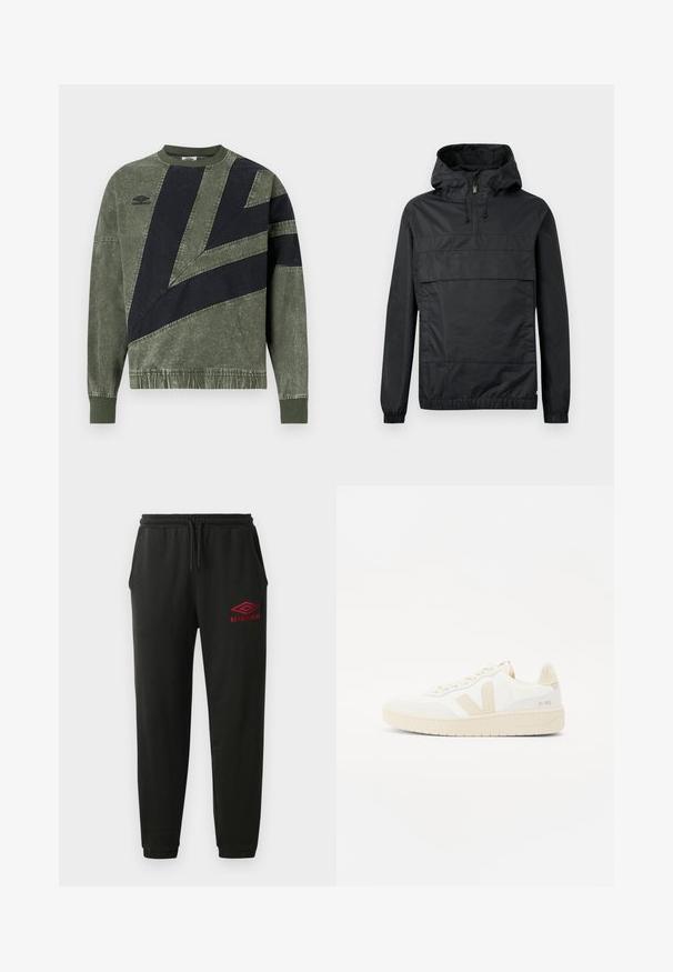 Sort pullover-jakke med hætte, elastiske manchetter, en frontlomme og halv-lynlås. Lavet af letvægts, vandafvisende materiale.; Langærmet sweatshirt i grøn og sort farveblok med ribbede manchetter og krave, med Umbro-logo på venstre bryst.; Sorte sweatpants med elastisk talje og manchetter, sidelommer og rødt Umbro-logo på venstre lår.; Hvide sneakers med beige accenter, der har en tekstureret overdel, rund tå og en tykk gummisål. Designet inkluderer det ikoniske V-logo og branding.