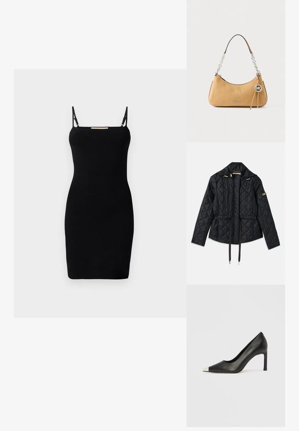 Schwarze gesteppte Jacke mit Kapuze, mit tailliertem Schnitt, zwei Fronttaschen, goldenen Hardware-Akzenten und verstellbaren Kordeln.; Schwarzes geripptes Strickkleid mit dünnen verstellbaren Trägern und geradem Ausschnitt. Figurbetonte Form, minimalistisches Design und keine sichtbaren Muster oder Akzente.; Schwarzer Lederschuh mit hohem Absatz, spitz zulaufender Zehenpartie und metallischer silberner Spitze. Verfügt über eine glatte Oberfläche und einen schlanken 10 cm hohen Absatz.; Tasche von Michael Kors aus cognacfarbenem Leder mit silberner Kettenhenkel, Logo-Anhänger und der Aufschrift "MICHAEL KORS" vorne.