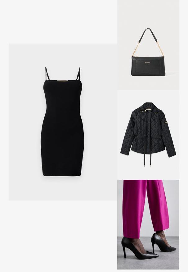 Chaqueta negra acolchada con capucha, que cuenta con una cintura ajustada, dos bolsillos frontales, detalles en dorado y cordones para ajuste.; Vestido negro de punto acanalado con tirantes delgados ajustables y escote recto. Corte entallado, diseño minimalista y sin patrones o acentos visibles.; Zapatos de tacón alto negros con un diseño de punta afilada y textura de cuero suave. Combinados con pantalones ajustados de un brillante color rosa.; Clutch de cuero negro con textura de guijarro, correa de cadena dorada y un bolsillo frontal. Presenta un logo dorado en la parte delantera.