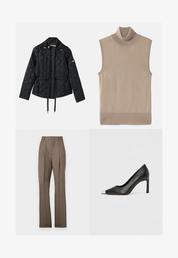 Sorte quilted jakke med hætte, der har en indsnævret talje, to frontlommer, guldsmykker og snore til justering.; Beige ærmeløs strikket turtleneck sweater med ribbet krave, ærmeåbninger og kant, lagt fladt på en hvid baggrund.; Brune mønstrede bukser med en struktureret overflade, der har en skræddersyet pasform, læg og lige ben. Designet inkluderer et geometrisk mønster.; Sort læder højhælet sko med spids tå og metal-sølv hætte. Har en glat finish og en slank hæl på 10 cm.