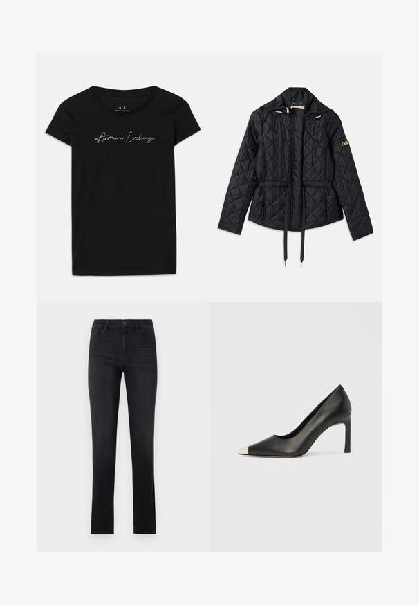 Chaqueta negra acolchada con capucha, que cuenta con una cintura ajustada, dos bolsillos frontales, detalles en dorado y cordones para ajuste.; Camiseta de manga corta negra hecha de algodón, con un logo en escritura "Armani Exchange" en embellishments dorados en el pecho.; Jeans de denim negro, diseño ajustado, pierna recta, cinco bolsillos, cierre de botón y detalle de costura sutil. Textura suave, estilo clásico.; Zapato de tacón alto de cuero negro con punta en forma de pico y una tapa metálica plateada. Presenta un acabado suave y un tacón delgado de 10 cm.