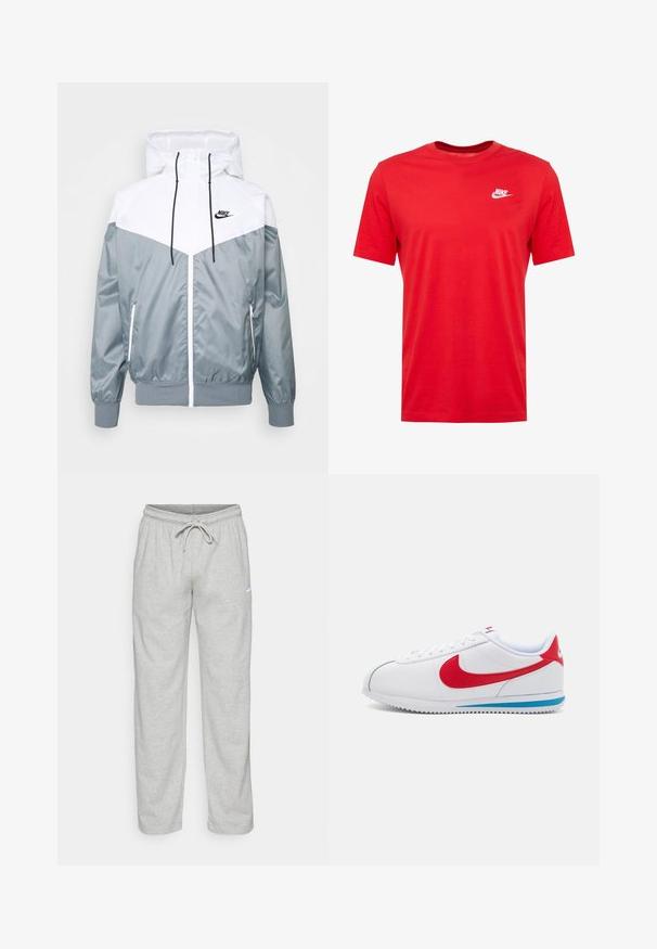 Chaqueta ligera en gris y blanco con capucha, cierre frontal de cremallera, puños elásticos y bolsillos laterales; detalles del logo en el pecho.; Camiseta de algodón roja de cuello redondo con mangas cortas, que presenta un logo de Nike blanco en la parte izquierda del pecho. Textura suave y diseño casual.; Pantalones de chándal gris claro hechos de una tela suave. Cuentan con una cintura elástica con cordón y el logo de Nike en negro en el muslo izquierdo.; Zapatilla blanca con acentos rojos, con una parte superior de cuero suave, punta redonda y una suela azul. Diseño con cordones y detalles de costura visibles.