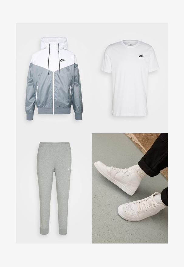 Grå og hvid letvægtsjakke med hætte, lynlås foran, elastiske manchetter og sidelommer; logo accenter på brystet.; Hvid bomulds T-shirt med rund hals, korte ærmer og et sort Nike-logo på venstre bryst. Enkel, ensfarvet design.; Grå sweatpants lavet af blødt stof, med tapered ben design, elastisk talje og lille hvid Nike-logo på venstre lår.; Hvide høj-top sneakers lavet af glat læder med perforeret tå, snørelukning og subtil logo detaljer på siden. Tekstureret gummisål.
