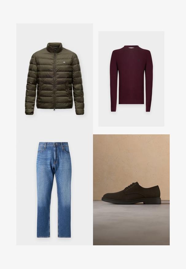 Olivgrüne gesteppte Steppjacke mit hohem Kragen, Frontreißverschluss, zwei seitlichen Reißverschlusstaschen und kleinem Brustlogo auf einfarbigem Hintergrund.; Bordeauxroter Strickpullover mit langen Ärmeln, gerippter Struktur und Rundhalsausschnitt. Kleines Logodetail auf der linken Brust.; Blaue Jeans aus Denim mit einem allmählichen Aufhellungseffekt Richtung Saum, gerades Bein Design, fünf Taschen und Metallknopfverschluss.; Dunkelbrauner Leder-Herrenschuh mit Schnürsenkeln, der über einem beigen Teppich schwebt, im Hintergrund unscharf ein beiges Sofa.