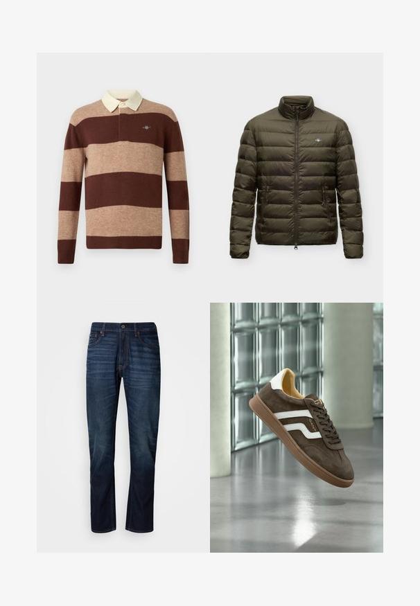 Olivgrüne gesteppte Steppjacke mit hohem Kragen, Frontreißverschluss, zwei seitlichen Reißverschlusstaschen und kleinem Brustlogo auf einfarbigem Hintergrund.; Langärmliges Rugby-Shirt mit breiten horizontalen braunen und beige gestreiften Mustern sowie einem cremefarbenen Kragen, das ein kleines gesticktes Logo auf der Brust präsentiert.; Dunkelblaue gerade geschnittene Jeans mit verblassten horizontalen Linien an den Oberschenkeln, Frontknopfverschluss und klassischem Fünf-Taschen-Design.; Brauner Wildleder-Sneaker mit weißen Seitenstreifen und einer Gummisohle, gezeigt schwebend in Innenräumen auf einem polierten Betonboden nahe Glasziegeln.