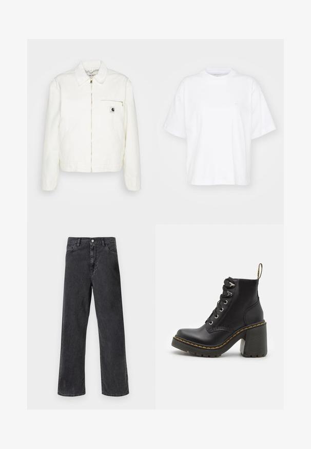 Veste en denim blanche avec un col, fermeture éclair dorée et une poche poitrine gauche arborant un logo. Texture douce et silhouette décontractée.; T-shirt en coton blanc avec un col rond, des manches courtes et une coupe décontractée. Présente un logo discret sur la zone gauche de la poitrine. Texture lisse.; Jean noir en denim avec une coupe droite, doté d'une fermeture à bouton en métal, de cinq poches et de coutures visibles. Texture lisse et couleur sobre.; Bottine en cuir noir avec un talon haut chunky, un laçage à l'avant, des œillets en métal et une couture jaune le long de la semelle. Semelle en caoutchouc texturé.