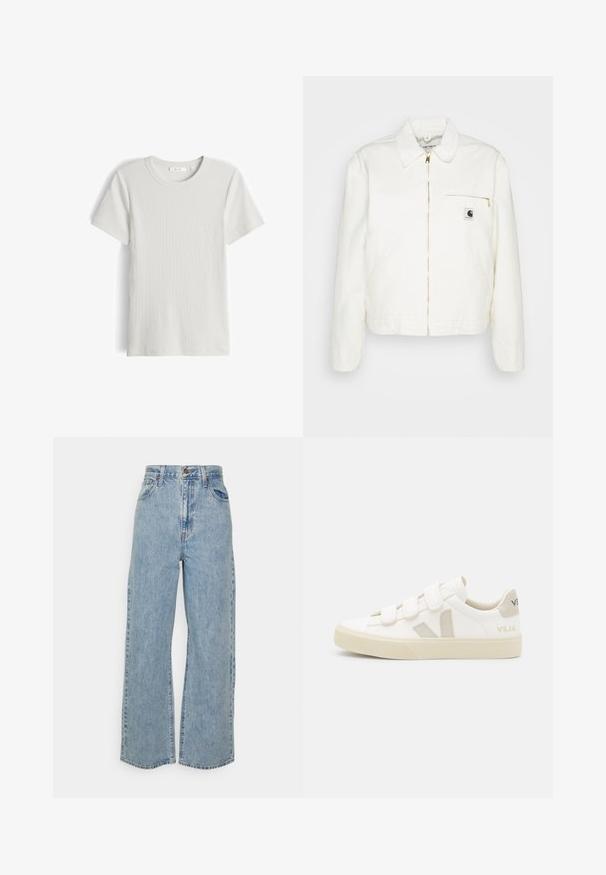 Witte denimjasje met een kraag, een gouden rits en een linker borstzak met een logo. Zachte textuur en casual silhouet.; Wit, geribd T-shirt met korte mouwen en ronde hals, plat liggend, vooraanzicht en merklabel aan de binnenkant van de kraag zichtbaar.; Lichtblauwe wijde denim jeans met hoge taille, sluiting met voorknop en rits, en vijfzakkenontwerp op een effen achtergrond.; Witte sneakers met klittenbandsluitingen, suède accenten in beige, gestructureerde rubberen zool en een V-logo in grijs. Minimalistisch ontwerp, ronde vorm.