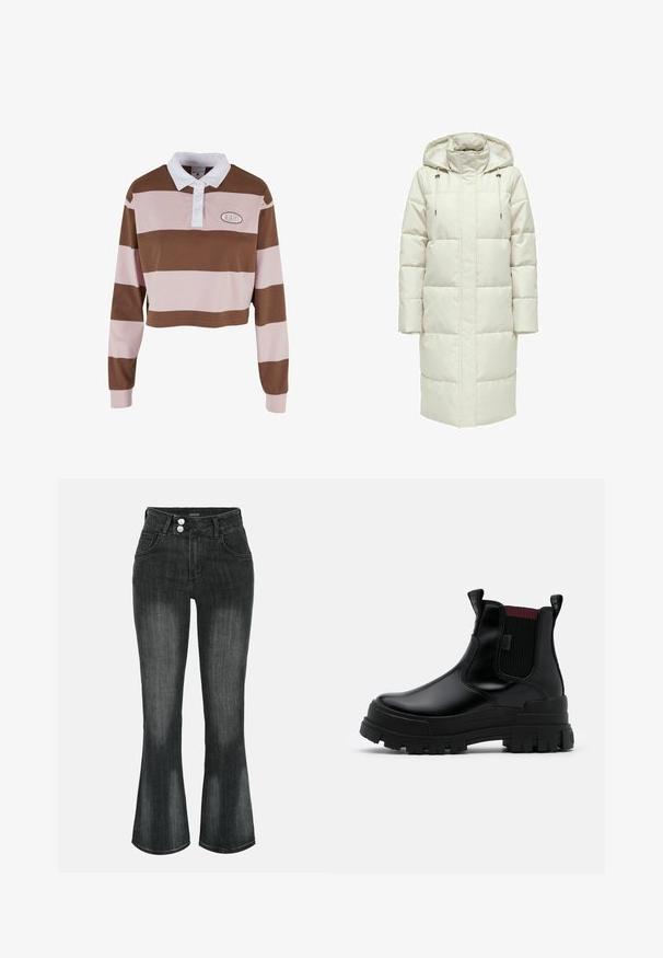 ONLY Puffer ONLIRENE Puffer - Vinterfrakke - moonbeam; Brun og lyserød stribet langærmet polo shirt med hvid krave, har et logo patch og et cropped design. Blødt bomuldsmateriale.; Sort vasket denim jeans med høj talje, dobbelt knaplukning, forlommer og let udvidede ben.; Buffalo ASPHA - Ankelstøvler - black
