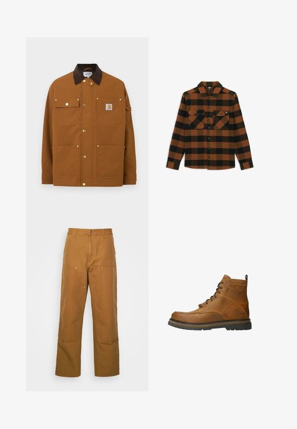 Bruine werkjas met een donkerbruine ribfluwelen kraag, vier voorzakken, gouden drukknopen en een Carhartt-logopatch op de bovenste rechterszak.; Langarmshirt in een oranje en zwart geruit patroon, gemaakt van een gestructureerde stof. Heeft twee borstzakken en een knoopsluiting aan de voorkant.; Bruine katoenen utility broeken met een rechte pijpdesign, voorzien van voorzakken en metalen hardware accenten voor extra duurzaamheid.; Bruine leren enkelboot met een ronde neus, vetersluiting en een gestructureerde rubberen zool. Voorzien van een lipje aan de achterkant en zichtbare stikseldetails.