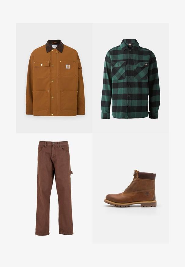 Brun arbejdsjakke med mørkebrun fløjlskrave, fire frontlommer, guldknapper med tryk og en Carhartt-logo lap på den øverste højre lomme.; Grøn- og sortternet flannel skjorte med lange ærmer, knaplukning foran, to brystlommer og en klassisk krave. Blød tekstur, alsidigt design.; Brune cargo bukser lavet af robust stof, med et lige ben-design, frontlommer og en sidelomme med klap.; Brun læder vandrestøvle med en glat finish, polstret ankel, metalliske snørehuller og en gummisål med et robust dækmønster.