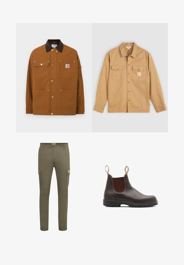 Chaqueta de trabajo marrón con cuello de pana marrón oscuro, cuatro bolsillos delanteros, botones de presión dorados y un parche con el logo de Carhartt en el bolsillo superior derecho.; Camisa abotonada color beige con mangas largas, dos bolsillos en el pecho y una pequeña etiqueta. Fabricada en algodón con una textura suave y un diseño de cuello clásico.; Pantalones cargo verde oliva fabricados con un tejido ligero, con un corte recto, bolsillos laterales y puños elásticos en los tobillos.; Botas Chelsea de cuero marrón con paneles laterales elásticos y tiradores. Parte superior texturizada, suela de goma duradera y detalle de costura en contraste.