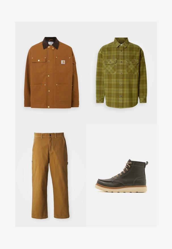 Brun arbejdsjakke med mørkebrun fløjlskrave, fire frontlommer, guldknapper med tryk og en Carhartt-logo lap på den øverste højre lomme.; Grønternet skjorte lavet af bomuld, med skjortekrave, to forsyningslommer med klapper og lange ærmer med knapmanchetter.; Brune bomuldsbukser med lige pasform, forstærkede sømme og sidelommer. Har en knaplukning og bæltestropper i taljen.; Mørkegrønne læder ankelstøvler med beige snørebånd, polstret krave og tekstureret gummisål. Har vandtætte markeringer og syninger.