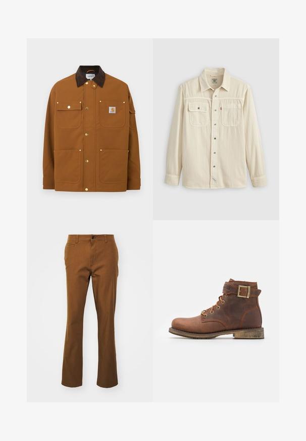 Chaqueta de trabajo marrón con cuello de pana marrón oscuro, cuatro bolsillos delanteros, botones de presión dorados y un parche con el logo de Carhartt en el bolsillo superior derecho.; Camisa de botones de tela color crema, con dos bolsillos en el pecho, un cuello puntiagudo y botones de metal. Textura suave con detalles de costura.; Pantalones rectos marrones de tela de mezcla de algodón, con cremallera, cierre de botón y bolsillos frontales. Textura suave, diseño casual.; Harley Davidson VNTGMOTO SHORT RIDING APPROVED - Botines camperos - brown