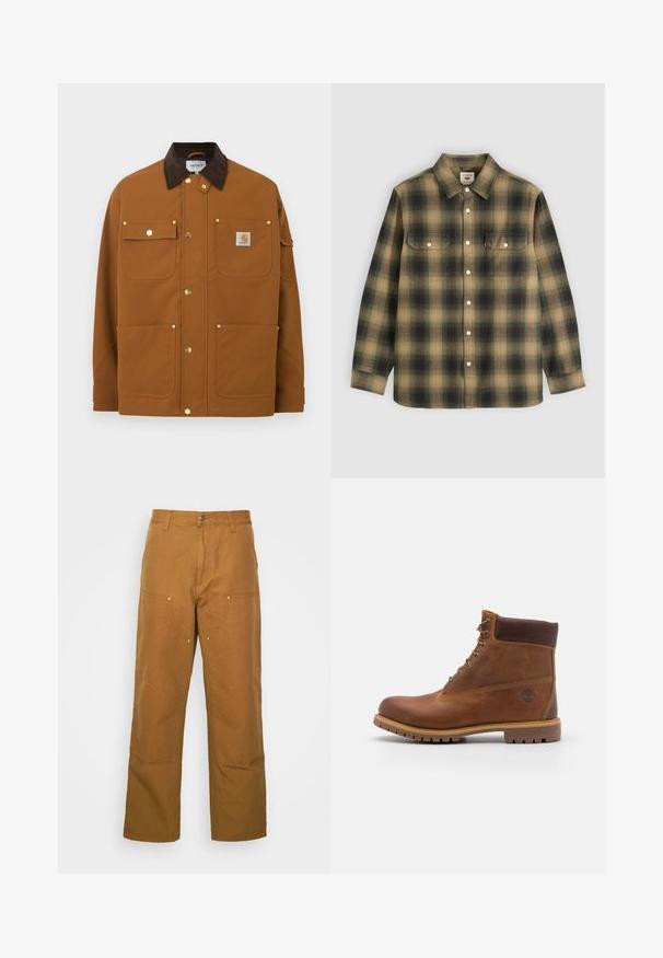 Veste de travail marron avec col en velours côtelé brun foncé, quatre poches avant, boutons-pression dorés et écusson logo Carhartt sur la poche supérieure droite.; Chemise à manches longues boutonnée avec motif à carreaux vert, noir et beige et deux poches poitrine avant boutonnées.; Pantalons utilitaires en coton marron avec une coupe droite, dotés de poches avant et d'accents en métal pour une durabilité accrue.; Botte de randonnée en cuir marron avec une finition lisse, cheville rembourrée, œillets en métal et semelle en caoutchouc dotée d'un motif de crampons robuste.