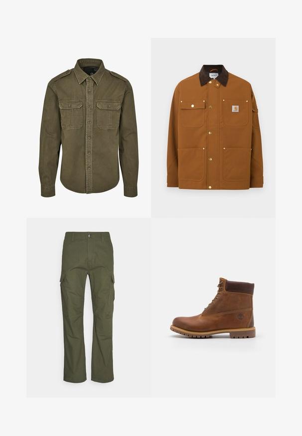 Braune Arbeitsjacke mit dunkelbraunem Cordkragen, vier Vordertaschen, goldfarbenen Druckknöpfen und einem Carhartt-Logoaufnäher auf der oberen rechten Tasche.; Olivgrünes Button-Down-Shirt aus Baumwolle. Verfügt über einen Kragen, zwei Brusttaschen mit Klappen und strukturierte Schultern mit sichtbaren Nähten.; Cargo-Hosen in dunkelolivgrün mit mehreren Seitentaschen, geradem Schnitt und einem strapazierfähigen Stoff mit strukturierter Oberfläche.; Braune Lederwanderschuhe mit glatter Oberfläche, gepolstertem Knöchel, Metallösen und einer Gummisohle mit robustem Profil.
