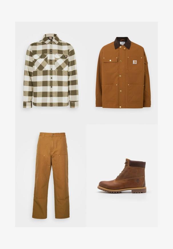 Veste de travail marron avec col en velours côtelé brun foncé, quatre poches avant, boutons-pression dorés et écusson logo Carhartt sur la poche supérieure droite.; Chemise en flanelle à carreaux verts et blancs avec col, boutonnage à l'avant et deux poches sur la poitrine. Elle se distingue par un tissu doux et texturé.; Pantalons utilitaires en coton marron avec une coupe droite, dotés de poches avant et d'accents en métal pour une durabilité accrue.; Botte de randonnée en cuir marron avec une finition lisse, cheville rembourrée, œillets en métal et semelle en caoutchouc dotée d'un motif de crampons robuste.