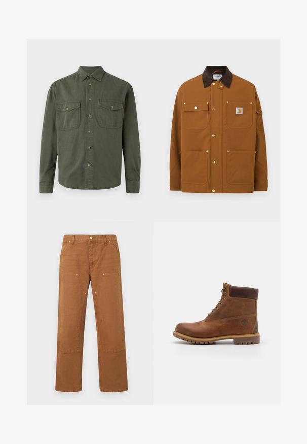 Chaqueta de trabajo marrón con cuello de pana marrón oscuro, cuatro bolsillos delanteros, botones de presión dorados y un parche con el logo de Carhartt en el bolsillo superior derecho.; Camisa de manga larga color caqui hecha de algodón. Presenta un cierre de botones en la parte delantera, dos bolsillos en el pecho con solapas y un cuello clásico. Diseño sencillo.; Pantalones marrones de pierna recta con bolsillos delanteros parche, detalles de remaches, trabillas para cinturón y cierre con botón en la cintura.; Botas de senderismo de cuero marrón con un acabado suave, tobillo acolchado, ojales de metal y suela de goma con un patrón de tracción robusto.