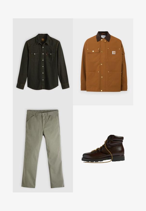 Brun arbejdsjakke med mørkebrun fløjlskrave, fire frontlommer, guldknapper med tryk og en Carhartt-logo lap på den øverste højre lomme.; Langærmet sort denimskjorte med spids krave, to brystlommer, sølvknapper og gule syninger. Klassisk western-design.; Herrebukser med lige ben i olivengrøn, afslappet stil med lommer foran og bagpå, knaplukning og bæltestropper.; Brun læder vandrestøvle med en afrundet tå, tekstureret overflade, gule snørebånd og metaløjer. Har en robust sort gummisål.