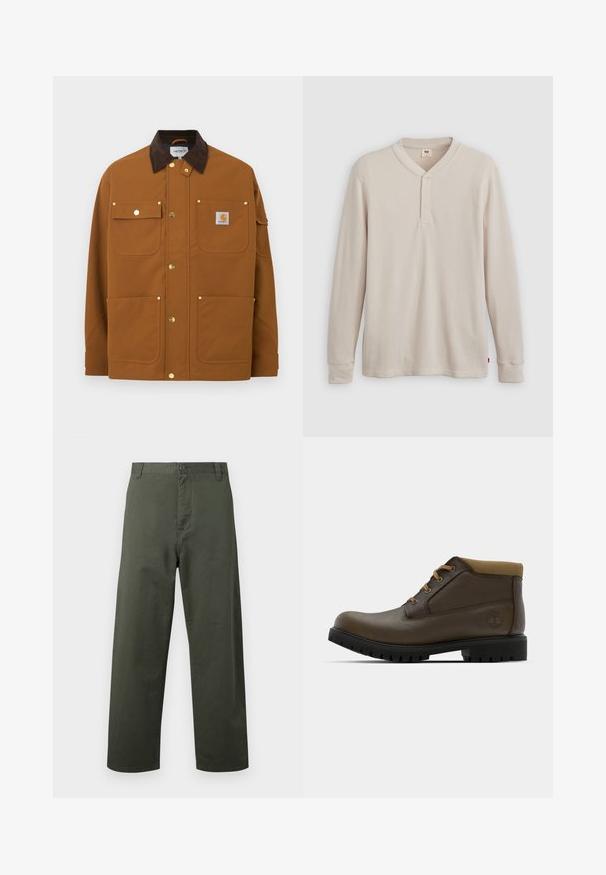 Bruine werkjas met een donkerbruine ribfluwelen kraag, vier voorzakken, gouden drukknopen en een Carhartt-logopatch op de bovenste rechterszak.; Lange mouwen henley-shirt in lichtbeige ribbelstof, met een V-hals, een drieknoopsluiting en manchetten. Rode logo-label aan de onderkant.; Groene katoenen broek met een recht gesneden ontwerp, knoopsluiting aan de voorkant en zijzakken. Soepele textuur, eenvoudige stijl en geen zichtbare patronen.; Bruine leren enkellaarzen met een gestructureerde afwerking, tan kleurige stoffen boord, zwarte rubberen zool en bruine veters. Timberland-logo ingedrukt op de zijkant.