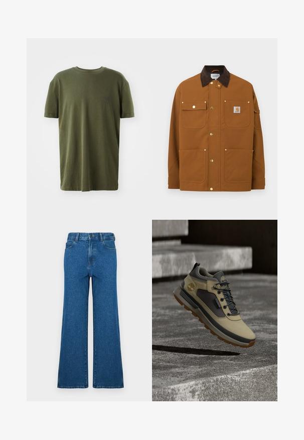 Chaqueta de trabajo marrón con cuello de pana marrón oscuro, cuatro bolsillos delanteros, botones de presión dorados y un parche con el logo de Carhartt en el bolsillo superior derecho.; Camiseta de color verde oliva en algodón, con mangas cortas, cuello redondo y un pequeño logo impreso en azul oscuro en el lado izquierdo del pecho.; Jeans de pierna ancha en denim azul. Presentan un diseño clásico de cinco bolsillos, cierre con botón y textura desgastada. Bajo recto con detalles sutiles de costura.; Zapatilla en tonos marrón y gris, con suela de goma, paneles de cuero texturizado y diseño con cordones, con un detalle de logo en el lateral.