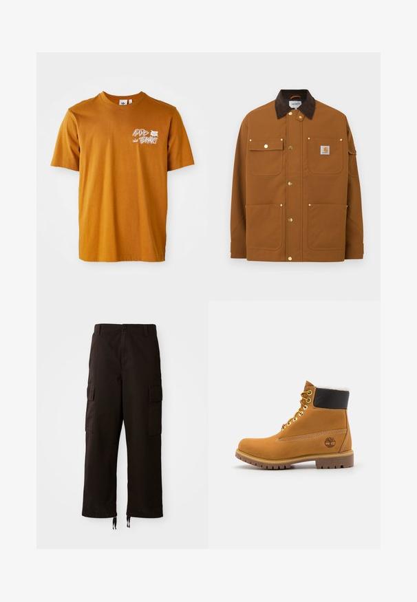 Brun arbejdsjakke med mørkebrun fløjlskrave, fire frontlommer, guldknapper med tryk og en Carhartt-logo lap på den øverste højre lomme.; Brun bomulds t-shirt med rund hals, korte ærmer, med hvid grafisk tekst og bladdesign på forsiden.; Sorte cargo-bukser med en afslappet pasform, der har to sidelommer, en knaplukning og justerbare snore i kanten.; Brune læder ankelstøvle med metaløjer, hvid pelsforing, sort polstret krave, robust sål og præget logo på siden.