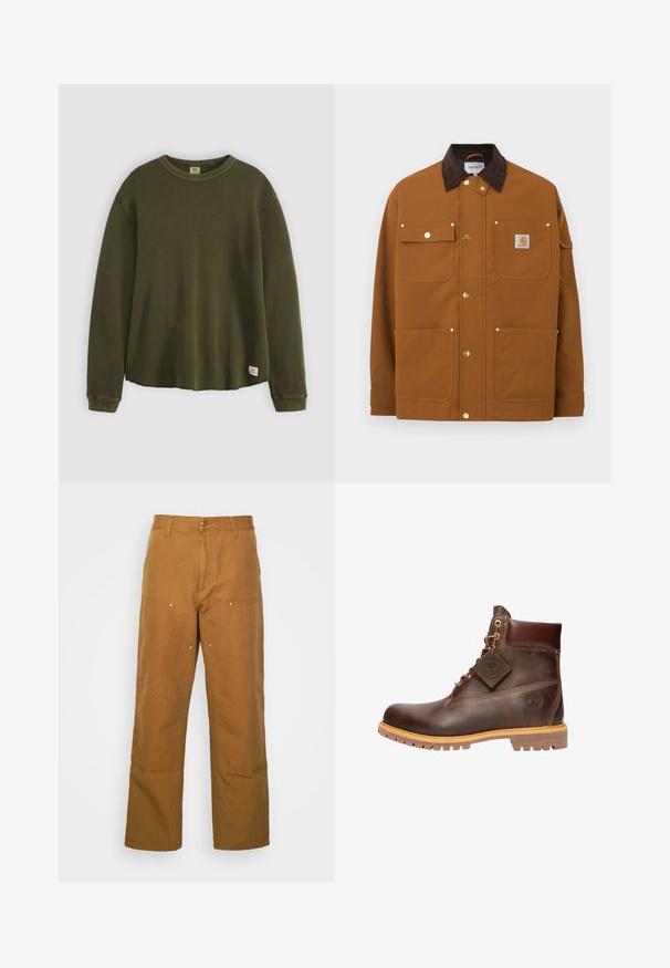 Veste de travail marron avec col en velours côtelé brun foncé, quatre poches avant, boutons-pression dorés et écusson logo Carhartt sur la poche supérieure droite.; Pull à manches longues vert olive en matière texturée et côtelée, avec un col rond, une coupe décontractée et une petite étiquette de marque en bas de l'ourlet.; Pantalons utilitaires en coton marron avec une coupe droite, dotés de poches avant et d'accents en métal pour une durabilité accrue.; Bottine en cuir marron avec un bout rond, une semelle robuste, des éléments en doré et un dessus texturé. Comprend une étiquette de logo attachée.