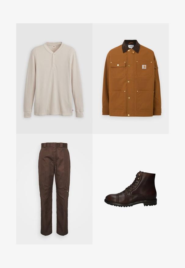 Bruine werkjas met een donkerbruine ribfluwelen kraag, vier voorzakken, gouden drukknopen en een Carhartt-logopatch op de bovenste rechterszak.; Lange mouwen henley-shirt in lichtbeige ribbelstof, met een V-hals, een drieknoopsluiting en manchetten. Rode logo-label aan de onderkant.; Bruine, recht lopende broek met een gladde textuur. Heeft een riemlus, zijnaad en een klein merklogo op het linkerbeen.; Donkergrote leren veterschoenen tot de enkels met een robuuste rubberen zool en metalen veters, gezien vanuit de buitenzijde.