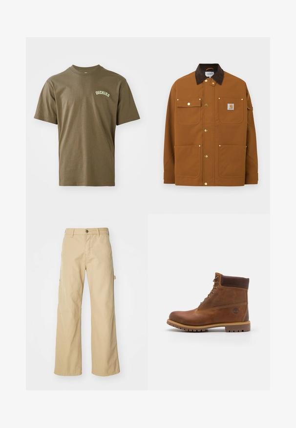 Braune Arbeitsjacke mit dunkelbraunem Cordkragen, vier Vordertaschen, goldfarbenen Druckknöpfen und einem Carhartt-Logoaufnäher auf der oberen rechten Tasche.; Olivgrünes Baumwoll-T-Shirt mit kurzen Ärmeln, Rundkragen und einem kleinen weißen "Dickies"-Logo auf der linken Brust. Glatte Textur.; Beigeweite Cargo-Hosen mit Knopfverschluss, ausgestattet mit Seitentaschen, aus strapazierfähigem Baumwollstoff, mit glatter Textur und geradem Schnitt.; Braune Lederwanderschuhe mit glatter Oberfläche, gepolstertem Knöchel, Metallösen und einer Gummisohle mit robustem Profil.