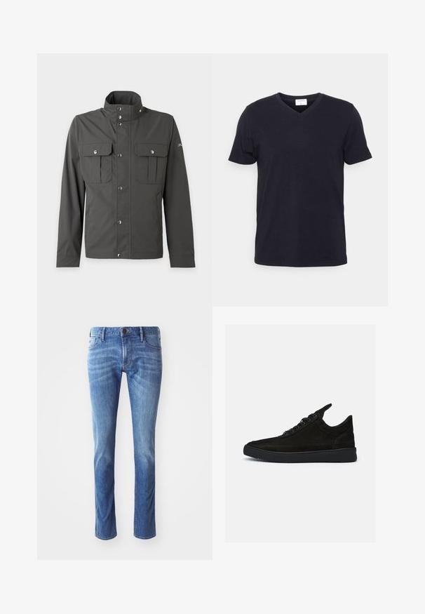 Donkergrijs herenjack met hoge kraag, drukknoopsluiting voor, en twee borstflapzakken met drukknoopsluitingen, afgebeeld op een effen achtergrond.; Zwarte v-hals t-shirt van katoen, met korte mouwen en een ontspannen pasvorm. Eenvoudig ontwerp, geen patronen of extra accenten.; Lichtblauwe denim jeans met een rechte pijpdesign, voorzien van traditionele vijf-pocket stijl en subtiele vervaging richting de knieën.; Zwarte suède sneakers met een lage profiel, ronde neus en een gestructureerde rubberen zool. Beschikt over vijf veterogen en een achterste lus.