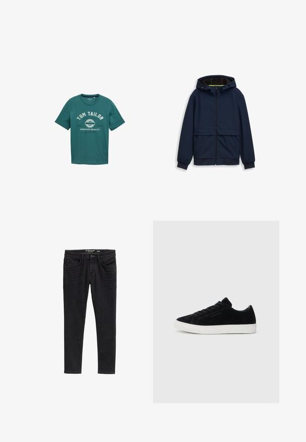 Navyblaue Kapuzenjacke mit einem durchgehenden Reißverschluss auf der Vorderseite, zwei Fronttaschen, gerippten cuffs und einer glatten, leichten Stoffoberfläche.; Türkisfarbiges T-Shirt mit kurzen Ärmeln aus Baumwolle, mit Rundhalsausschnitt und weißem Drucktext "TOM TAILOR" sowie Designdetails auf der Vorderseite.; Schmal geschnittene schwarze Jeans aus Denim mit glatter Textur, vorderen Taschen und Reißverschluss. Abgenutzte Details in der Oberschenkelregion werten das Design auf.; Schwarze Wildleder-Sneaker mit einem Low-Top-Design, runder Zehenpartie und weißer Gummisohle. Verfügt über schwarze Schnürsenkel und minimales Branding an der Seite.