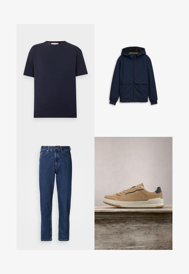 Veste à capuche bleu marine, dotée d'une fermeture éclair sur toute la longueur à l'avant, de deux poches avant, de bords côtelés aux poignets et d'une finition en tissu lisse et léger.; T-shirt bleu marine à manches courtes avec col rond et texture côtelée horizontale subtile, présenté sur fond blanc uni.; Jean bleu foncé en denim, avec une coupe droite, style cinq poches et des coutures apparentes le long des coutures.; Baskets en suède beige avec semelle en caoutchouc blanc, dotées de lacets beiges, d'accents bleu marine et de détails perforés sur la boîte à orteils.