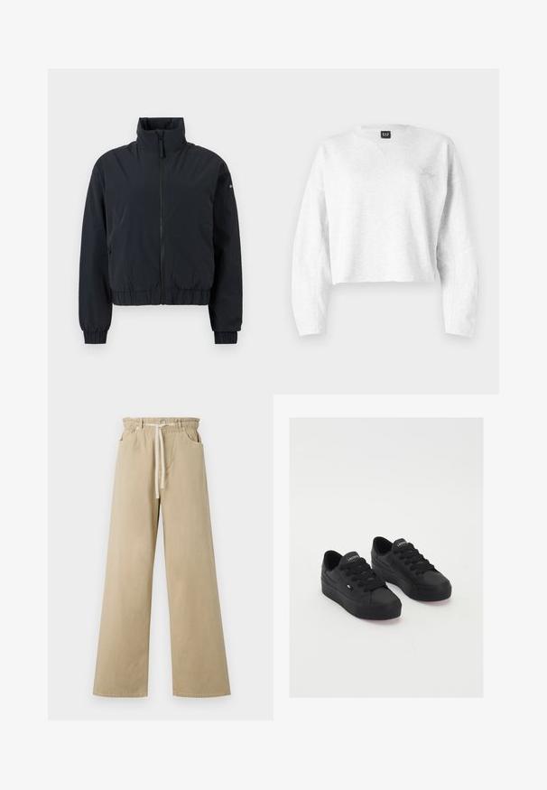 Schwarze Zip-up-Jacke mit hohem Kragen, elastischen Bündchen und Bund, präsentiert vor einem schlichten hellen Hintergrund.; Gecropptes graues Sweatshirt aus weichem Material; mit V-Ausschnitt, langen Ärmeln und einem kleinen gestickten Logo auf der linken Brust.; Beige weit geschnittene Hose aus Baumwolle mit elastischem Bund und Kordelzug. Verfügt über zwei Seitentaschen und eine glatte Textur.; Schwarze Low-Top-Sneaker aus glattem Material, mit dicken Schnürsenkeln, einer strukturierten Sohle und einem kleinen Logo an der Seite und auf der Zunge.