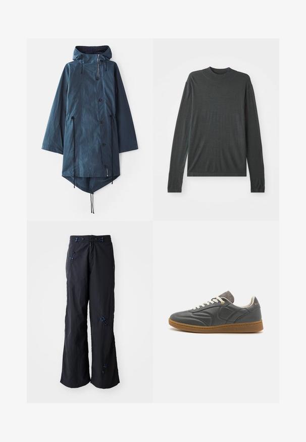 Henrik Vibskov WING - Parkaer - dark petrol wax; Mørkegrå langærmet strikket sweater med høj, ribbet krave. Blød tekstur, afslappet pasform og ingen synlige mønstre eller hardwaredetaljer.; Sorte, lette bukser med vidde og struktureret overflade. Har blå detaljer og justerbare toggles. Lynlåslukning.; Mørkegrå lædersneakers med rund tå, hvide snørebånd, lysbrun gummisål og diskrete grå tekstildetaljer ved kraven. Guld logo detajle.