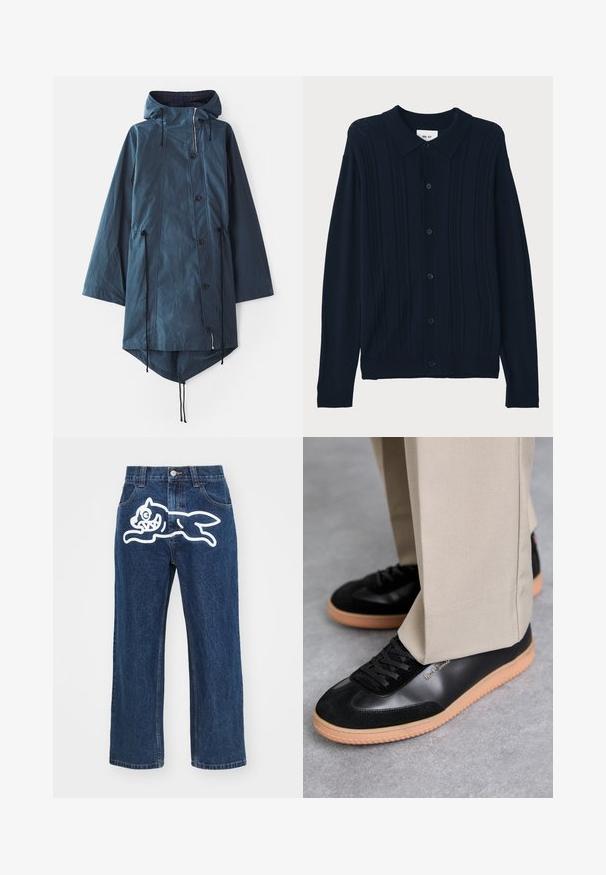 Henrik Vibskov WING - Parka - dark petrol wax; NN.07 THOR - Košeľa - dark blue; Tmavomodré široké nohavice s veľkým bielym karikatúrnym psom na zadnej vrecku. Džínová textúra, tradičný dizajn so štyrmi vreckami.; Paul Smith COMO - Tenisky - black