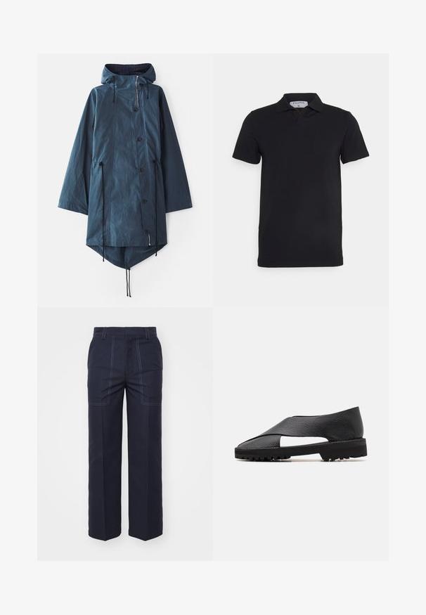 Henrik Vibskov WING - Parkaer - dark petrol wax; Sort kortærmet polo-shirt med klassisk krave, lavet af glat stof. Har et mærke med brandnavnet 'Filippa K' ved halsudskæringen.; Mørkeblå bukser med vidde og kontrastsyninger, med høj talje og to forlommer for ekstra detaljer og funktionalitet.; Sorte lædersandaler med udskæringsdesign, struktureret overdel, bred rem og flad gummisål med mønstret dæksåle.