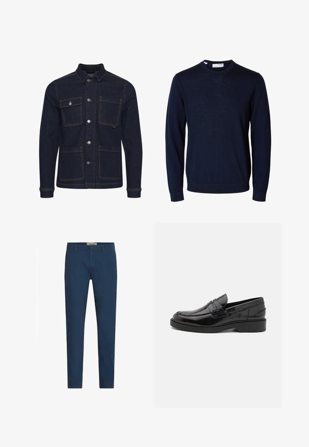 Mørkeblå denimjakke med almindelig pasform, knaplukning, fire lommer og kontrastsyninger. Har krave og lange ærmer.; Marineblå langærmet crewneck-trøje med ribbede manchetter og kant, lavet af fint strikket stof.; Marineblå slim-fit herrebukser med bælteløkker, frontlukning med knap og sidelommer, præsenteret mod en hvid baggrund.; Sorte læder loafers med en glat finish, rund tå, lav hæl og dekorativ syning langs forsiden. Gummisål for godt greb.