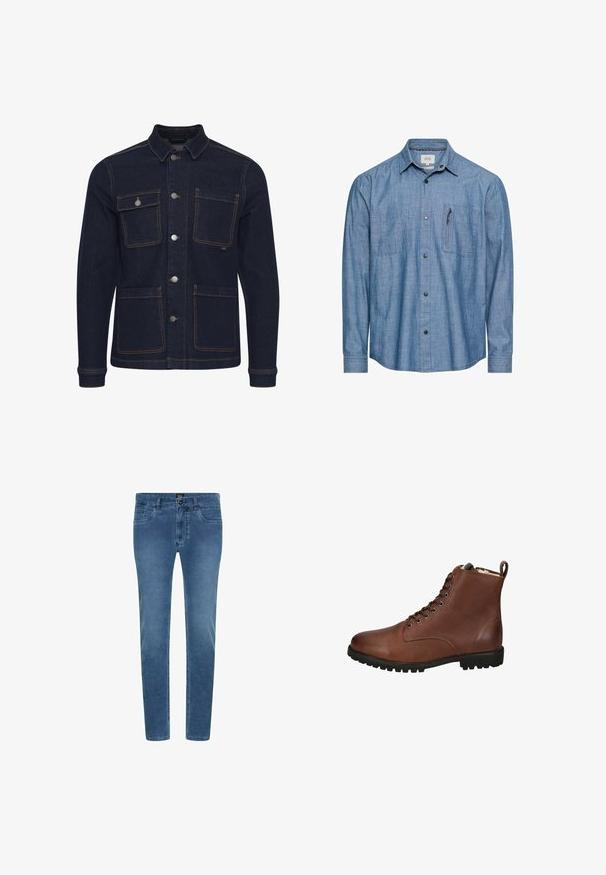 Mørkeblå denimjakke med almindelig pasform, knaplukning, fire lommer og kontrastsyninger. Har krave og lange ærmer.; Langærmet blå chambray-skjorte med knaplukning foran, to brystlommer og en lille lynlåslomme på højre side.; Blå denimjeans med slim fit, der har frontlommer, en knaplukning og diskret falmning over benene.; Brune læder ankelstøvler med en tekstureret overflade, snørebånd fortil, rund tå og en kraftig gummisål. Inkluderer en pull-tab bagpå.