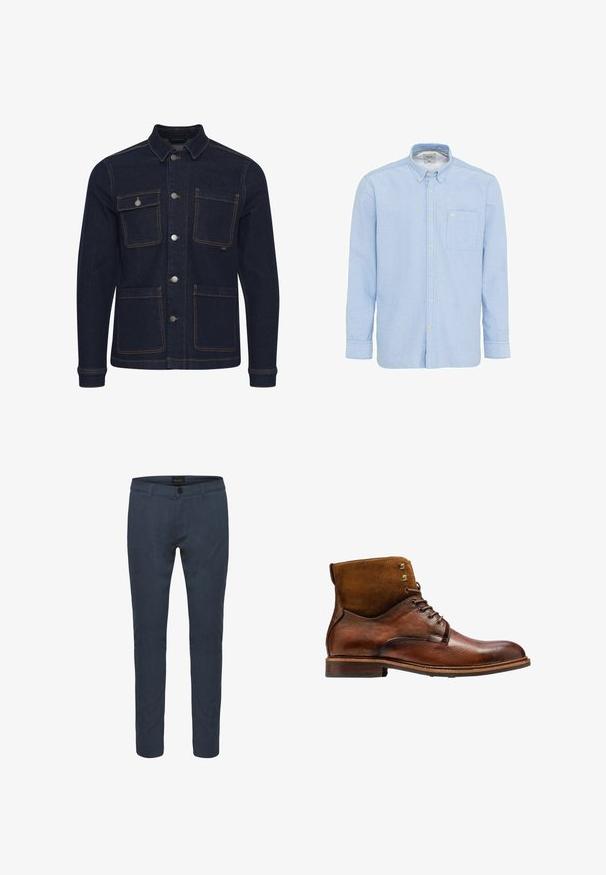 Veste en denim bleu foncé avec une coupe régulière, fermeture à boutons, quatre poches et coutures contrastantes. Dotée d'un col et de manches longues.; Chemise boutonnée légère bleue avec manches longues, poche poitrine unique et une texture subtile. Comprend un col classique et des boutons assortis.; Pantalons tailleur bleu foncé en tissu, dotés d'une fermeture à bouton, de poches avant et d'une coupe ajustée. Texture lisse avec un léger brillant.; Kazar ALID - Bottines à lacets - brown
