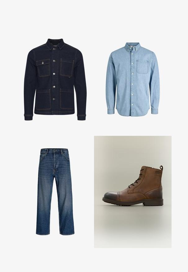 Dunkelblaue Denimjacke mit normaler Passform, Knopfverschluss, vier Taschen und kontrastierenden Nähten. Mit Kragen und langen Ärmeln.; Hellblaues Denim-Hemd mit Knöpfen, langen Ärmeln, Kragen, Fronttasche und dezenter Textur. Verfügt über weiße Knöpfe entlang der Knopfleiste.; Jeans aus Denim mit geradem Bein, dunkelblauer Farbe und subtilen Verblassungen. Verfügt über fünf Taschen und einen Knopfverschluss.; Brauner Leder-Schnürstiefel bis zum Knöchel mit schwarzer Zehenkappe, runder Sohle und Markenlabel an der Seite vor schlichtem Hintergrund.