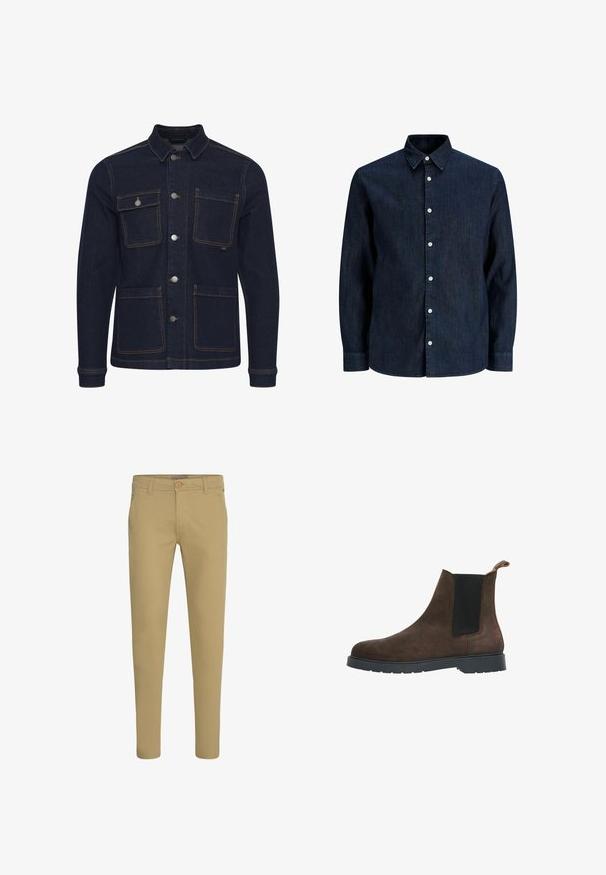 Veste en denim bleu foncé avec une coupe régulière, fermeture à boutons, quatre poches et coutures contrastantes. Dotée d'un col et de manches longues.; Chemise en denim bleu foncé à manches longues avec des boutons blancs et un col pointu, présentée sur fond blanc.; Chinos beige slim-fit avec fermeture par bouton et zip, poches avant inclinées et passants de ceinture, présentés sur fond blanc.; Selected SLHTIM CHELSEA BOOT - Bottines - demitasse