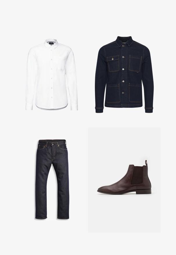Dunkelblaue Denimjacke mit normaler Passform, Knopfverschluss, vier Taschen und kontrastierenden Nähten. Mit Kragen und langen Ärmeln.; Weißes Langarmhemd aus Baumwolle mit einem Button-Down-Kragen, Fronttasche und abgerundetem Saum mit knopfbaren Manschetten.; Dunkelblaue Jeans aus Denim mit geradem Schnitt, Fünf-Taschen-Design, metallischen Komponenten und kontrastierenden orangen Nähten. Glatte Textur, keine sichtbaren Muster.; Zign LEATHER - Stiefelette - brown