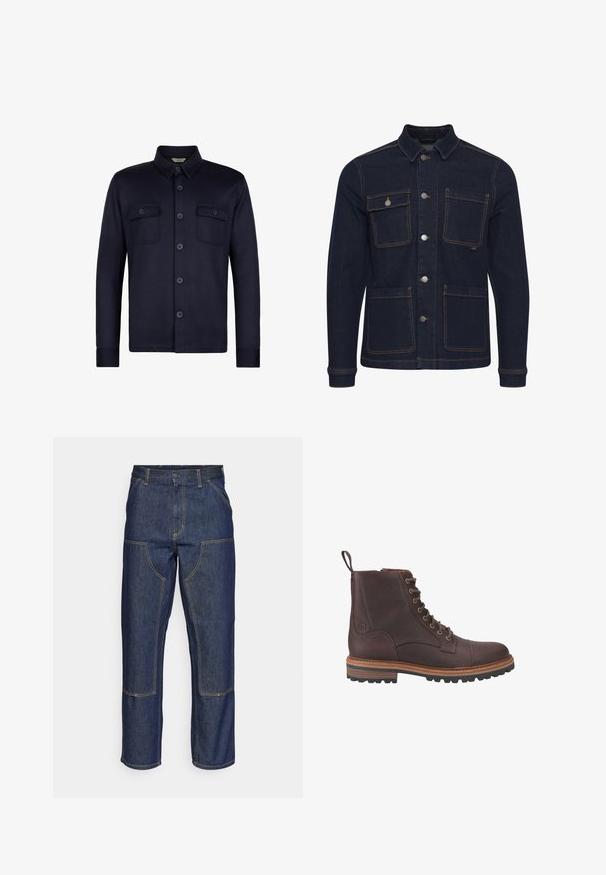 Dunkelblaue Denimjacke mit normaler Passform, Knopfverschluss, vier Taschen und kontrastierenden Nähten. Mit Kragen und langen Ärmeln.; Marineblaue Hemdbluse mit langen Ärmeln und zwei Brusttaschen. Hergestellt aus einem glatten Stoff mit einem Kragen und dunklen Knöpfen.; Dunkelblaue Jeans aus Denim mit hoher Taille, geradem Bein-Design, kontrastierenden Nähten und aufgesetzten Taschen auf der Vorderseite.; Braune Leder-Stiefeletten mit Schnürung, strukturierter Oberfläche, kontrastierenden beigen Sohlen und Metallösen. Verfügen über eine Lasche zum einfachen An- und Ausziehen.