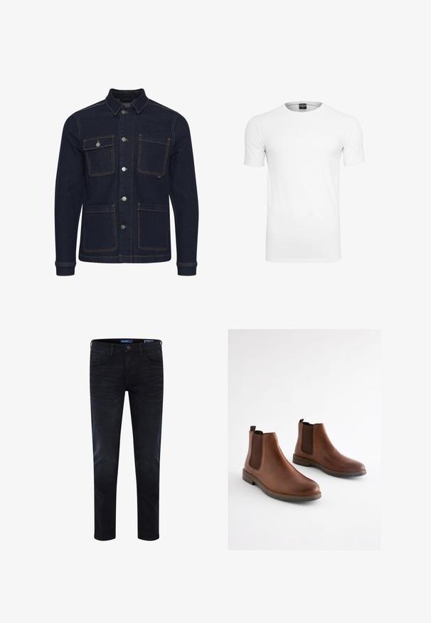 Dunkelblaue Denimjacke mit normaler Passform, Knopfverschluss, vier Taschen und kontrastierenden Nähten. Mit Kragen und langen Ärmeln.; Schlichtes weißes T-Shirt mit kurzen Ärmeln und Rundhalsausschnitt, mit einem schwarzen Label innen im Kragen vor weißem Hintergrund.; Dunkelblaue Jeans aus Denim mit schmaler Passform, sichtbaren Nähten, Standard-Design mit fünf Taschen und Knopfleiste an der Taille.; Braune Leder-Stiefeletten mit elastischen seitlichen Einsätzen, einer abgerundeten Spitze und einem gestapelten Absatz. Glatte Textur mit kontrastierenden braunen Akzenten.