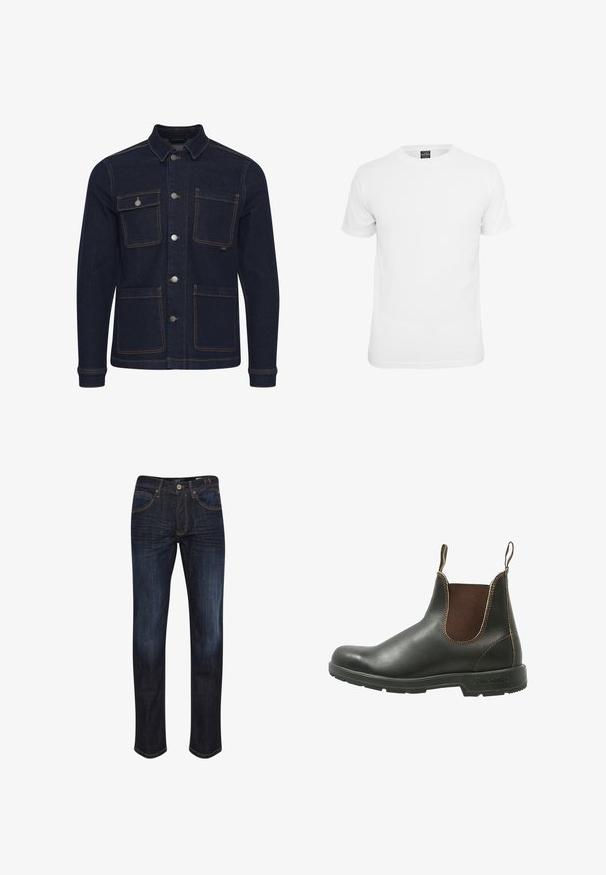 Dunkelblaue Denimjacke mit normaler Passform, Knopfverschluss, vier Taschen und kontrastierenden Nähten. Mit Kragen und langen Ärmeln.; Weißes T-Shirt mit kurzen Ärmeln, aus Baumwolle, mit Rundhalsausschnitt und glatter Textur, entworfen für lässige Kleidung.; Dunkelblaue Denim-Jeans mit geradem Bein, fünf Taschen, goldenen Nähten und einer glatten Textur. Knopfverschluss an der Taille.; Chelsea-Boots aus glattem schwarzem Leder mit braunen elastischen Seitenteilen, kontrastierenden Nähten und einer strukturierten Gummisohle.
