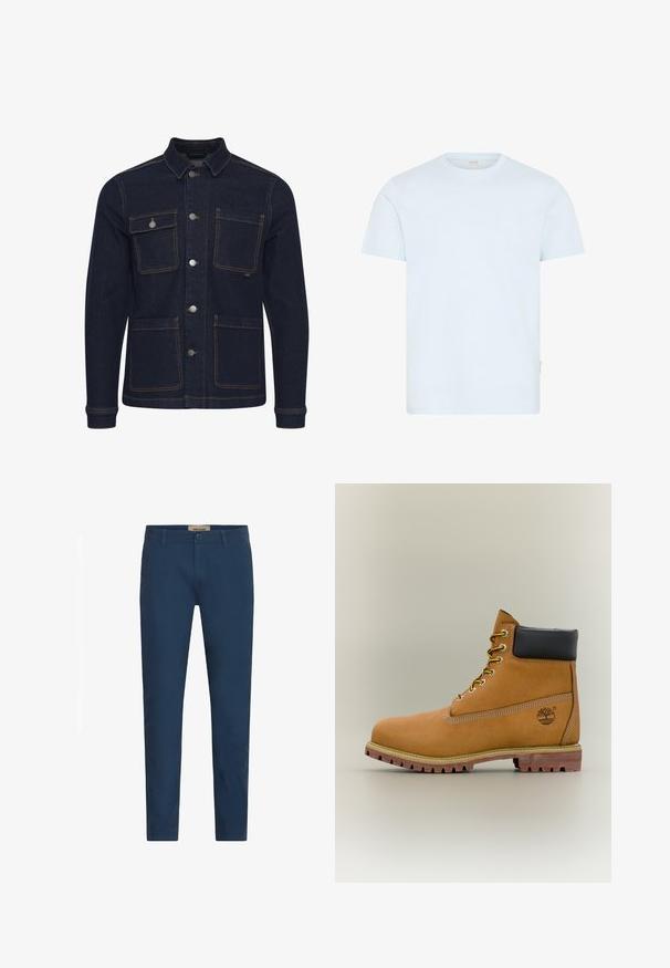 Dunkelblaue Denimjacke mit normaler Passform, Knopfverschluss, vier Taschen und kontrastierenden Nähten. Mit Kragen und langen Ärmeln.; Hellblaues T-Shirt mit kurzen Ärmeln und Rundhalsausschnitt, mit einem kleinen Markenschild an der linken Seitennaht.; Marineblaue Slim-Fit-Hosen für Herren mit Gürtelschlaufen, Frontknopfverschluss und Seitentaschen, vor einem weißen Hintergrund präsentiert.; Brauner Leder-Stiefelette mit schwarzem Kragen, gelben Schnürsenkeln und hellbrauner Sohle. Verfügt über ein Logo und weiße Ziernähe. Robuste Profilsohle.