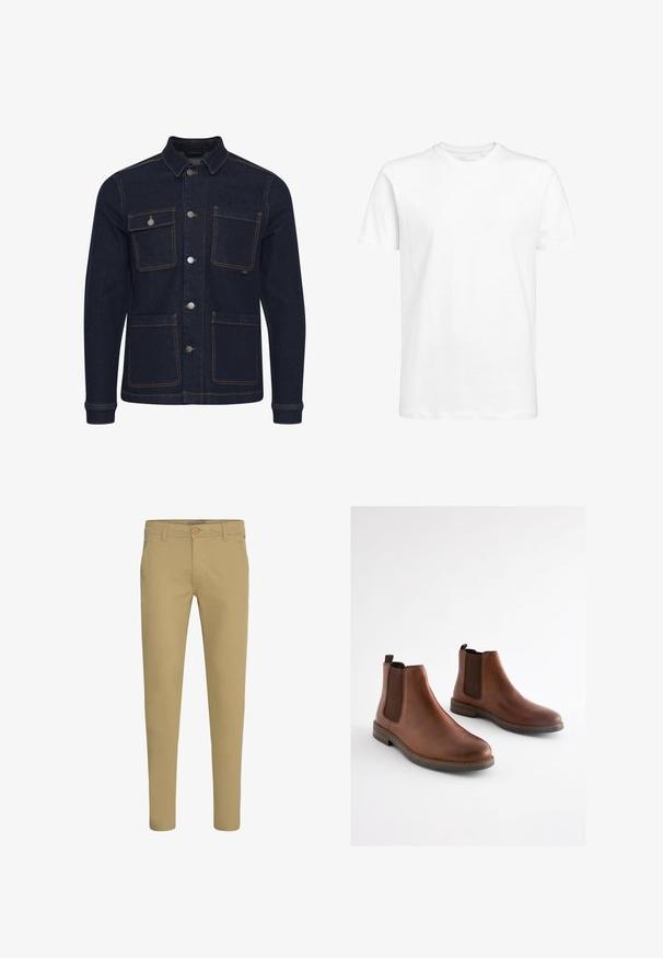 Dunkelblaue Denimjacke mit normaler Passform, Knopfverschluss, vier Taschen und kontrastierenden Nähten. Mit Kragen und langen Ärmeln.; Weißes kurzärmeliges T-Shirt aus Baumwolle mit rundem Ausschnitt und normaler Passform. Schlichtes Design, keine Muster oder sichtbaren Akzente.; Slim-Fit beige Chinos mit Knopf- und Reißverschluss, schrägen Vordertaschen und Gürtelschlaufen, auf weißem Hintergrund dargestellt.; Braune Leder-Stiefeletten mit elastischen seitlichen Einsätzen, einer abgerundeten Spitze und einem gestapelten Absatz. Glatte Textur mit kontrastierenden braunen Akzenten.