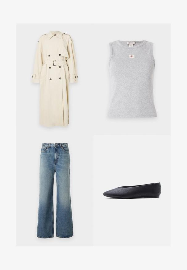 Beige Trenchcoat aus leichtem Stoff, mit doppelreihigen Knöpfen, einem taillierten Gürtel und Schulterklappen.; Graues ärmelloses Oberteil aus Rippstoff, mit rundem Ausschnitt und einem kleinen CK-Logo-Label auf der Vorderseite. Einfaches und figurnahes Design.; Helle Jeans aus Denim mit hoher Taille, weitem Bein, leichter Ausbleichung und Kontrastnähten; verfügt über Fronttaschen und einen Knopfverschluss.; Schwarzer flacher Ballettschuh mit spitzer Zehenpartie und dezentem Perforationsmuster, von der Seite auf weißem Hintergrund dargestellt.