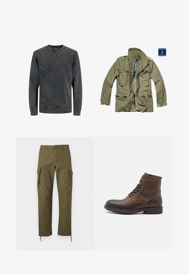 Veste olive verte déperlant avec fermeture éclair, plusieurs poches à rabat, col montant et poignets ajustables. Doublure intérieure beige.; Sweatshirt gris à col rond avec des manches longues, fabriqué à partir d'un tissu doux et texturé. Il présente un effet délavé et des détails de couture simples.; Pantalon cargo vert olive avec poches latérales à rabat, fermeture à boutons sur le devant, passants de ceinture et cordons réglables aux ourlets.; Jack & Jones JFWDELANEY BOOT - Bottines à lacets - cognac
