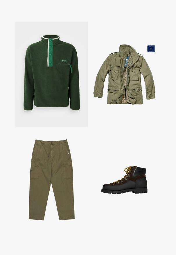 Chaqueta verde oliva repelente al agua con cierre frontal de cremallera, múltiples bolsillos de parche, cuello alzado y puños ajustables. El forro interior es de color marrón claro.; Polaire verde con cuello alto, que presenta una cremallera blanca en contraste, botones a presión y un bolsillo en el pecho con cremallera. Tejido texturizado.; Pantalones cargo verdes oliva hechos de algodón, con cierre de botón en la parte delantera, bolsillos laterales y dos grandes bolsillos cargo en los muslos.; Bota de senderismo de ante marrón y cuero negro con cordones amarillos, ojales de metal y suela negra resistente. Diseño de corte medio para mayor soporte.